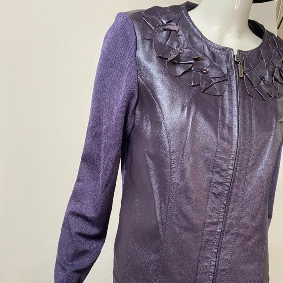 Peter Nygard Zip Jacket Sz MP Purple Leather 92% Nylon Back Style# 3U080788 - Picture 3 of 12